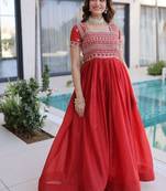 Red zari & sequins embroidered work silk blend stitched kurta gown