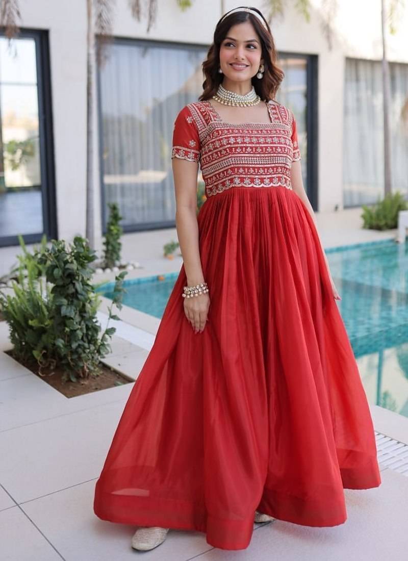 Red zari & sequins embroidered work silk blend stitched kurta gown