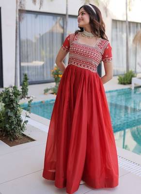 Red zari & sequins embroidered work silk blend stitched kurta gown 2