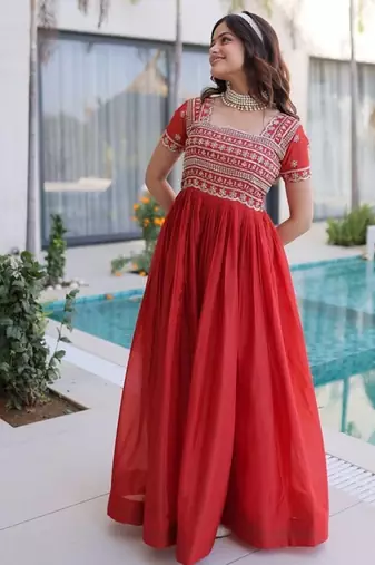 Red zari & sequins embroidered work silk blend stitched kurta gown