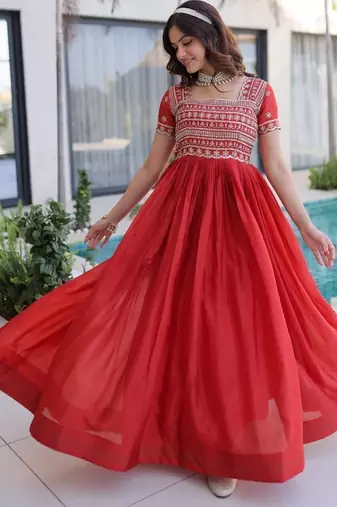 Red zari & sequins embroidered work silk blend stitched kurta gown