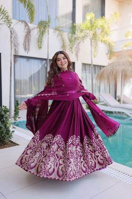 Wine sequins & embroidered work silk blend stitched kurta gown & dupatta 1