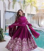 Wine sequins & embroidered work silk blend stitched kurta gown & dupatta