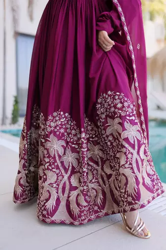 Wine sequins & embroidered work silk blend stitched kurta gown & dupatta