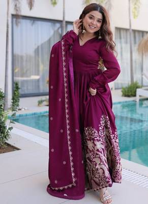 Wine sequins & embroidered work silk blend stitched kurta gown & dupatta 4