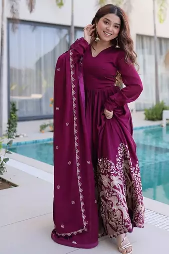 Wine sequins & embroidered work silk blend stitched kurta gown & dupatta
