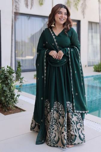 Green sequins & embroidered work silk blend stitched kurta gown & dupatta