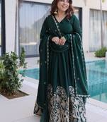 Green sequins & embroidered work silk blend stitched kurta gown & dupatta