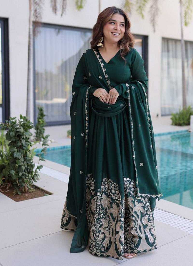 Green sequins & embroidered work silk blend stitched kurta gown & dupatta