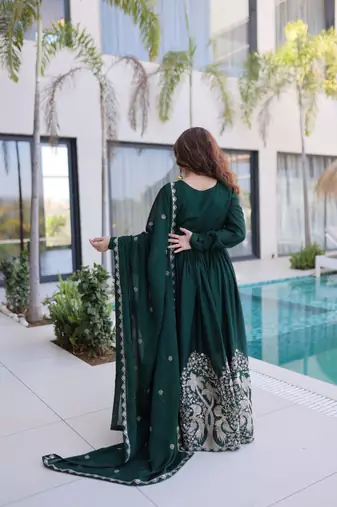 Green sequins & embroidered work silk blend stitched kurta gown & dupatta