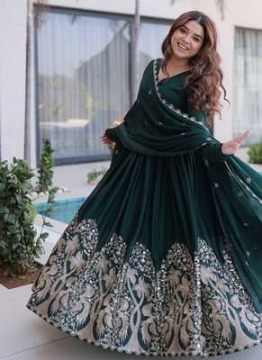 Green sequins & embroidered work silk blend stitched kurta gown & dupatta 4