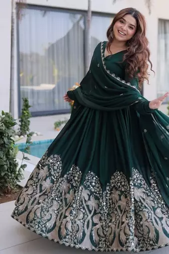 Green sequins & embroidered work silk blend stitched kurta gown & dupatta