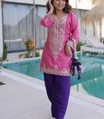 Pink sequins & coding zari embroidered work viscose stitched top & pant with batwa