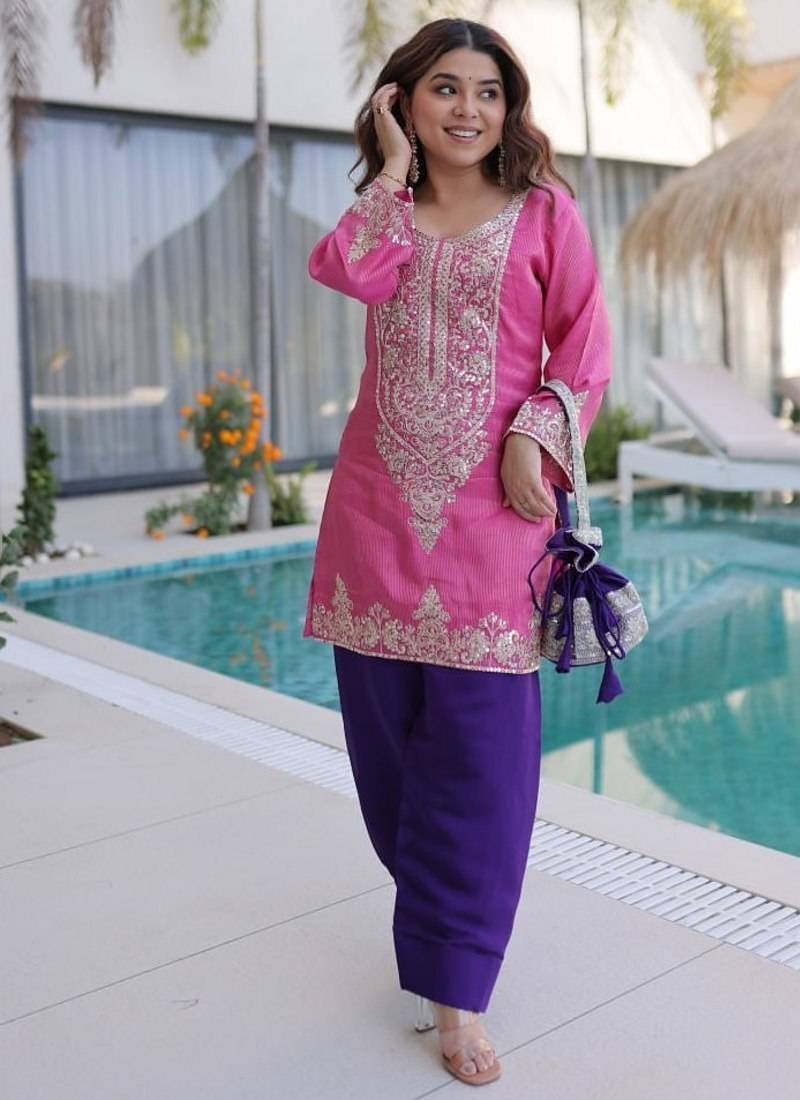 Pink sequins & coding zari embroidered work viscose stitched top & pant with batwa