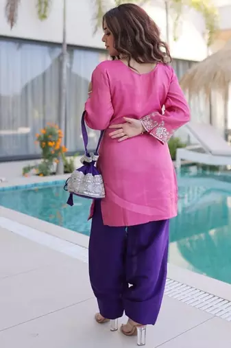 Pink sequins & coding zari embroidered work viscose stitched top & pant with batwa