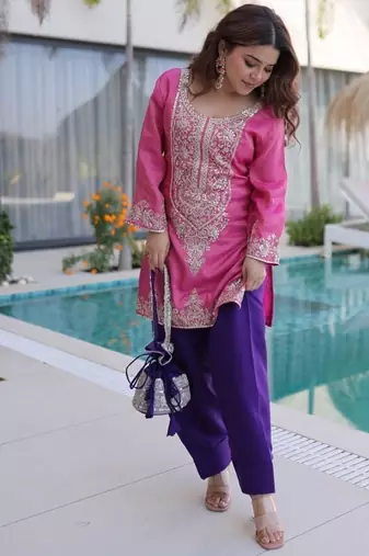Pink sequins & coding zari embroidered work viscose stitched top & pant with batwa