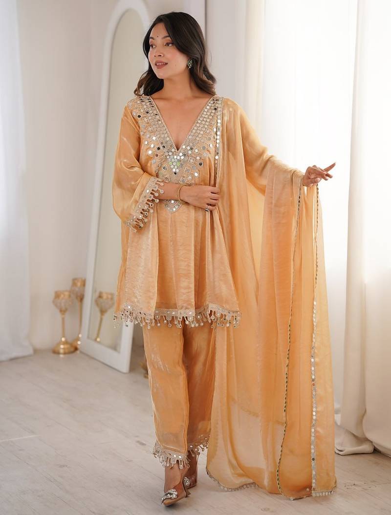 Chiku mirror & embroidered lace work silk blend stitched kurta pant & dupatta