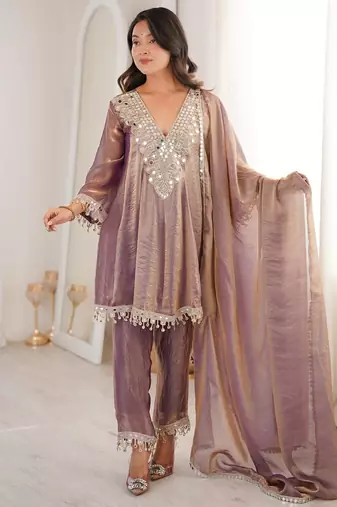 Purple mirror & embroidered lace work silk blend stitched kurta pant & dupatta