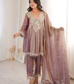 Purple mirror & embroidered lace work silk blend stitched kurta pant & dupatta