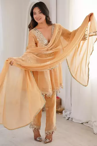 Chiku mirror & embroidered lace work silk blend stitched kurta pant & dupatta