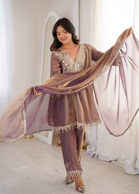 Purple mirror & embroidered lace work silk blend stitched kurta pant & dupatta 4