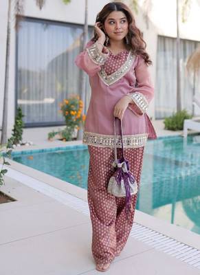 Peach blue mirror & lace work stitched top & pant with batwa 1