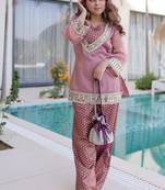 Peach blue mirror & lace work stitched top & pant with batwa