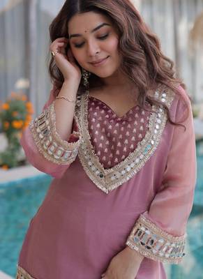 Peach blue mirror & lace work stitched top & pant with batwa 3