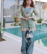 Sky blue mirror & lace work stitched top & pant with batwa