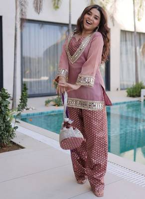 Peach blue mirror & lace work stitched top & pant with batwa 4