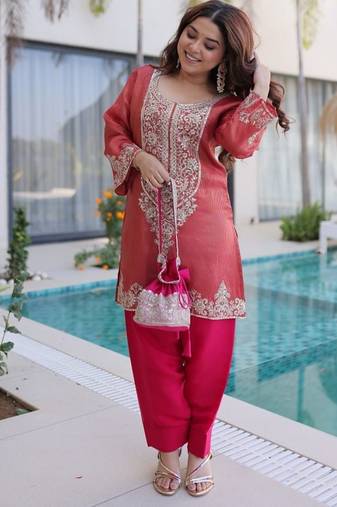Peach sequins & coding zari embroidered work viscose stitched top & pant with batwa