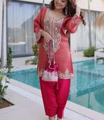 Peach sequins & coding zari embroidered work viscose stitched top & pant with batwa