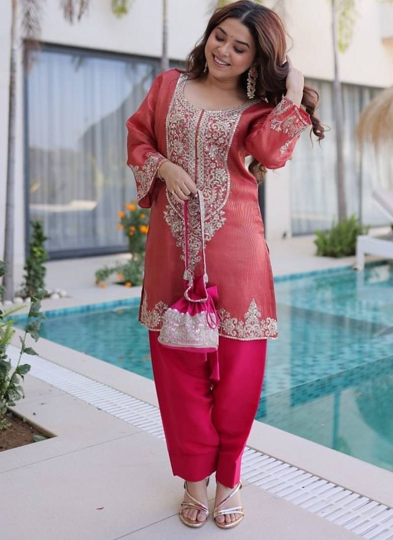 Peach sequins & coding zari embroidered work viscose stitched top & pant with batwa