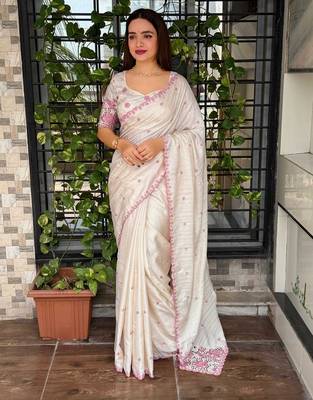 Off white tussar cotton embroidery work saree with matching blouse piece 1