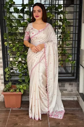Off white tussar cotton embroidery work saree with matching blouse piece