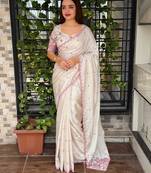Off white tussar cotton embroidery work saree with matching blouse piece