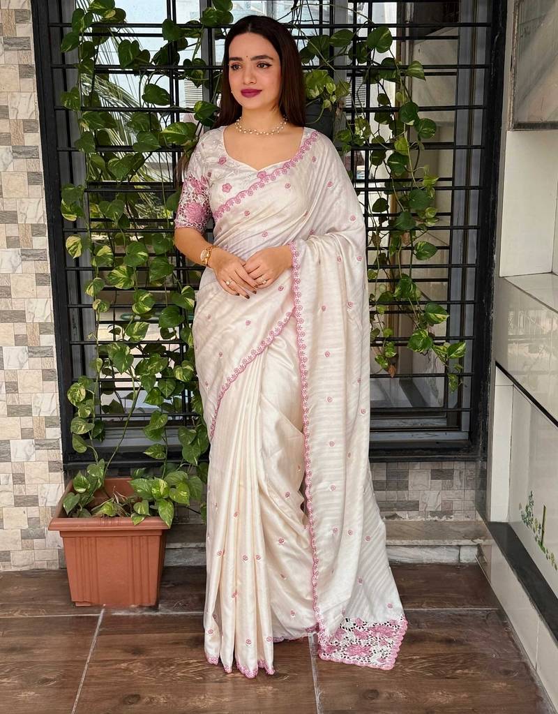 Off white tussar cotton embroidery work saree with matching blouse piece