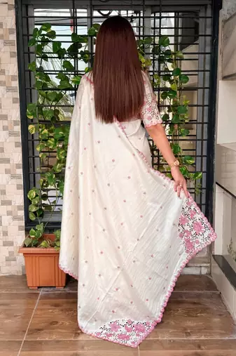 Off white tussar cotton embroidery work saree with matching blouse piece