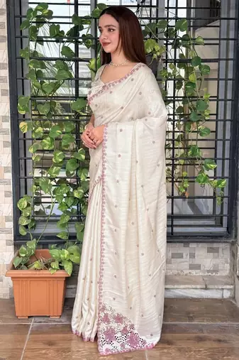Off white tussar cotton embroidery work saree with matching blouse piece
