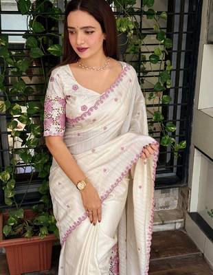 Off white tussar cotton embroidery work saree with matching blouse piece 4