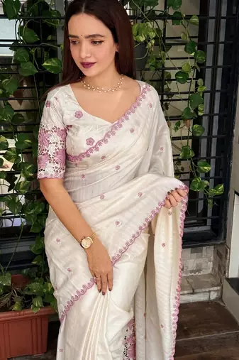 Off white tussar cotton embroidery work saree with matching blouse piece