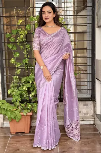 Lavender tussar cotton embroidery work saree with matching blouse piece