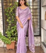 Lavender tussar cotton embroidery work saree with matching blouse piece