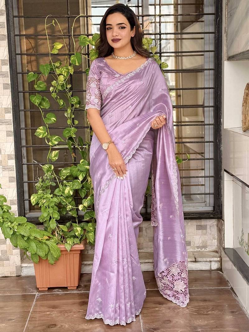 Lavender tussar cotton embroidery work saree with matching blouse piece