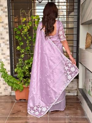 Lavender tussar cotton embroidery work saree with matching blouse piece 2