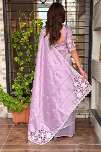 Lavender tussar cotton embroidery work saree with matching blouse piece