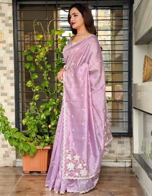 Lavender tussar cotton embroidery work saree with matching blouse piece 3