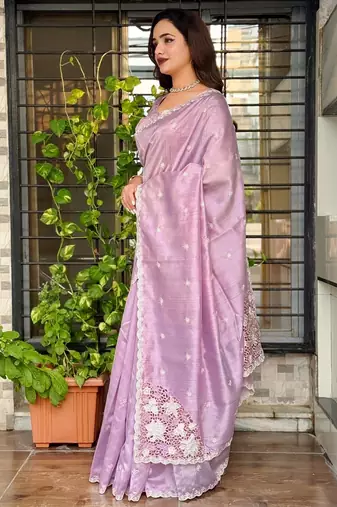 Lavender tussar cotton embroidery work saree with matching blouse piece