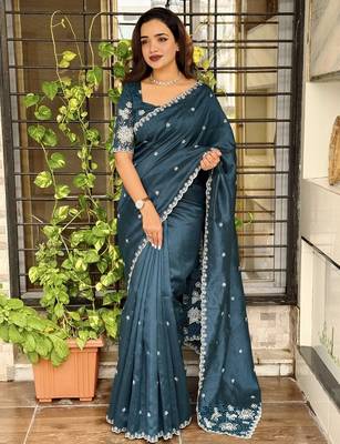Teal tussar cotton embroidery work saree with matching blouse piece 1