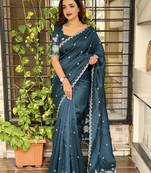 Teal tussar cotton embroidery work saree with matching blouse piece